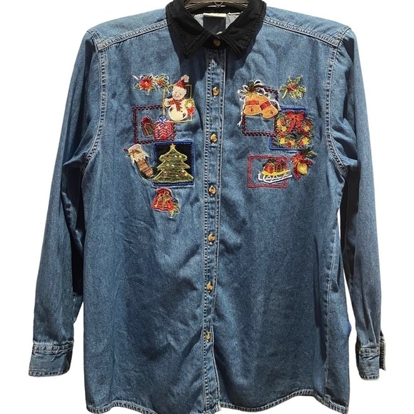 Bobbie Brooks Vintage 2X (20-22) denim Christmas Holidays winter button up shirt - Picture 1 of 10